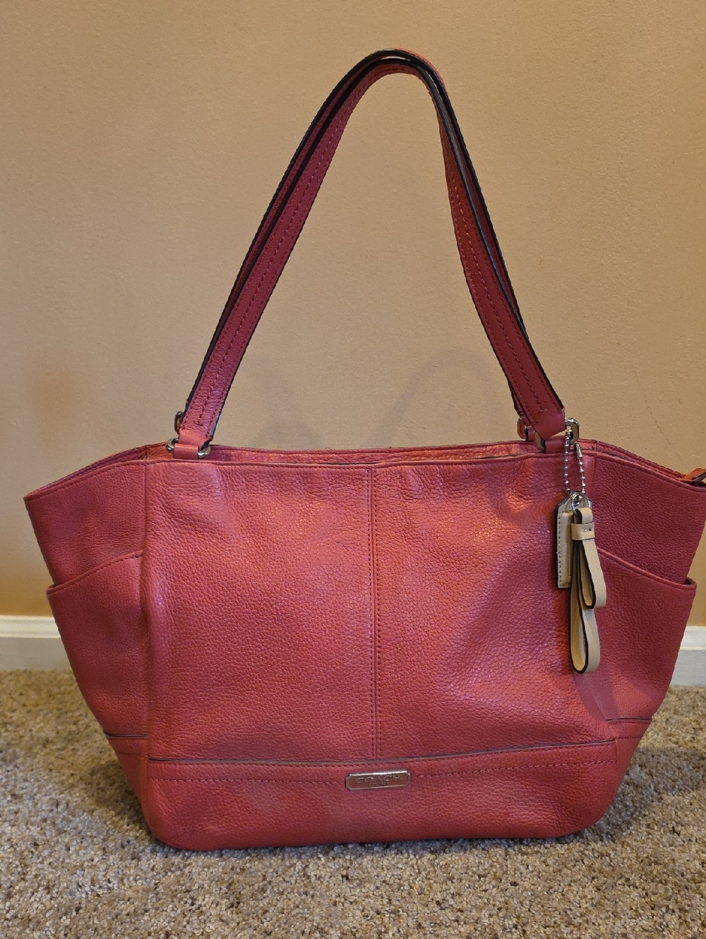 Coach Pink Pebbled Leather Shoulder Tote with Charm